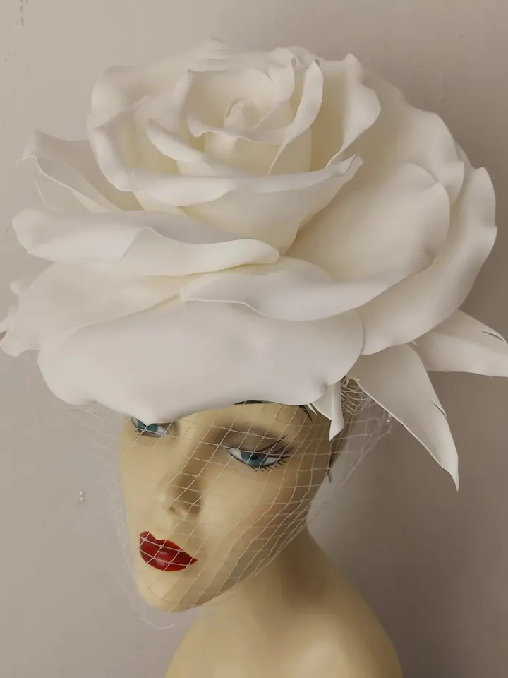 Large white rose veil Fascinator, Kentucky Derby Hat Wedding Headband, Bride 2024
