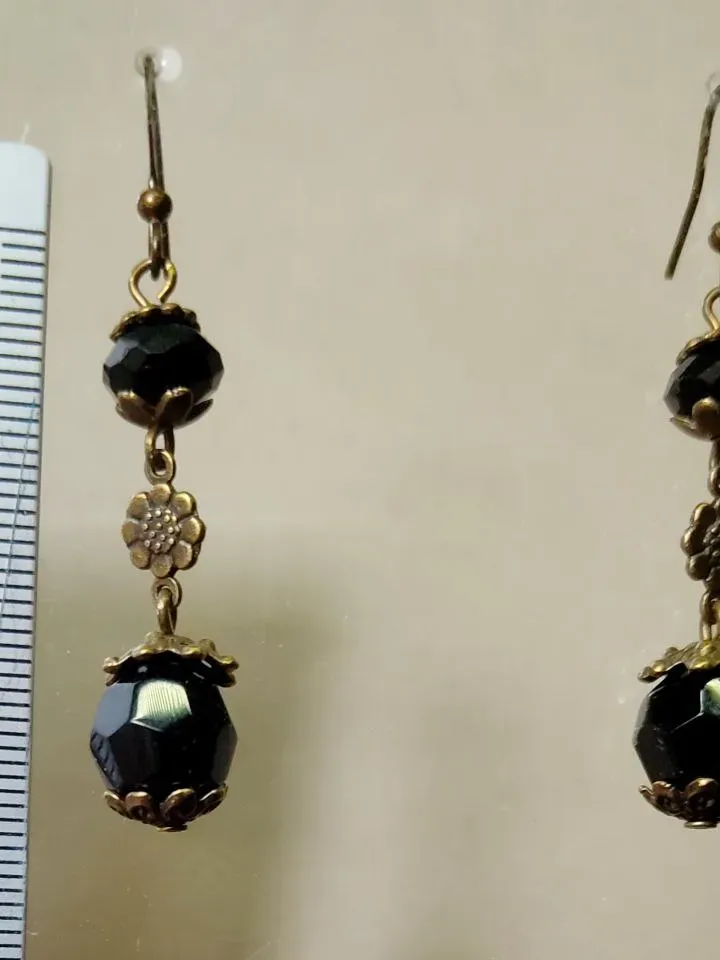 Earrings black agate long antique bronze dangle drop