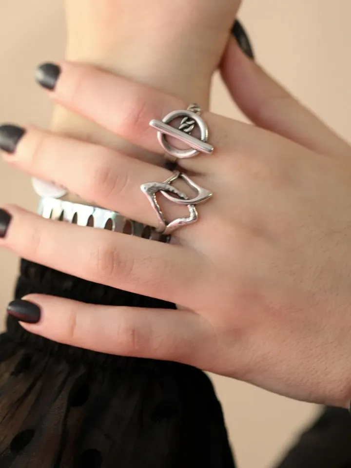 Antique Silver BOLD TOGGLE RING for Women, Chunky Geometric Stacking Bohemian Jewelry, Modern Contemporary Statement Gifts for Her