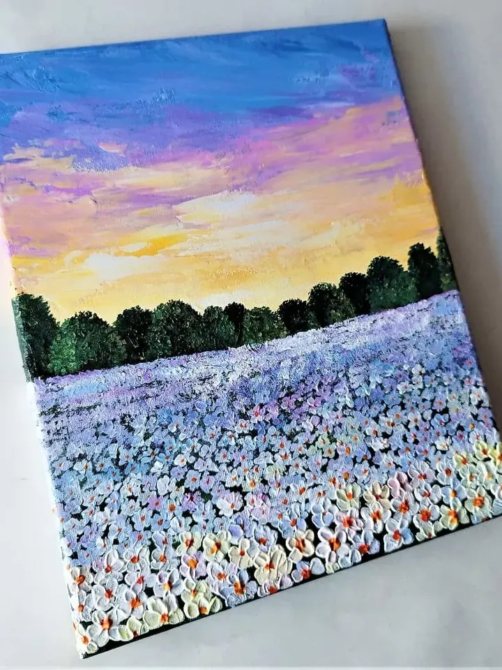 Acrylic Painting of a Sunset Landscape with White Field Flowers