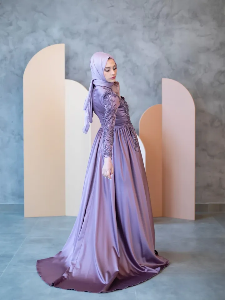 AHUNARE HIJAB - Lara Romantik  Lilac Satin Wedding Dress, Muslim Evening Gown, Nikah, Islamic Wedding, Engagement, Bridesmaid,