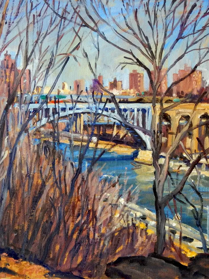 Original New York Landscape Painting - High Bridge/Harlem River/NYC - 16x16 Oil on Canvas, Urban Impressionist Plein Air Fine Art