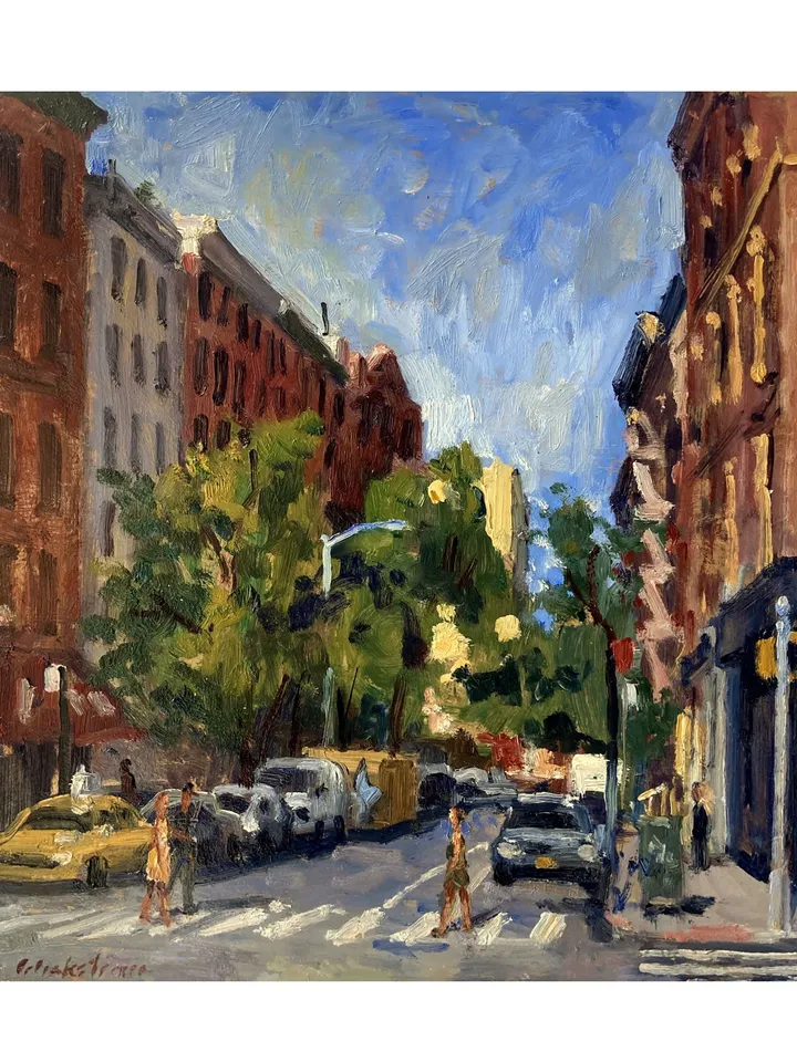 Original East Village Cityscape - From Avenue B and 4th St/NYC - 12x12 Oil on Panel, New York Urban Impressionist Landscape, Signed Original