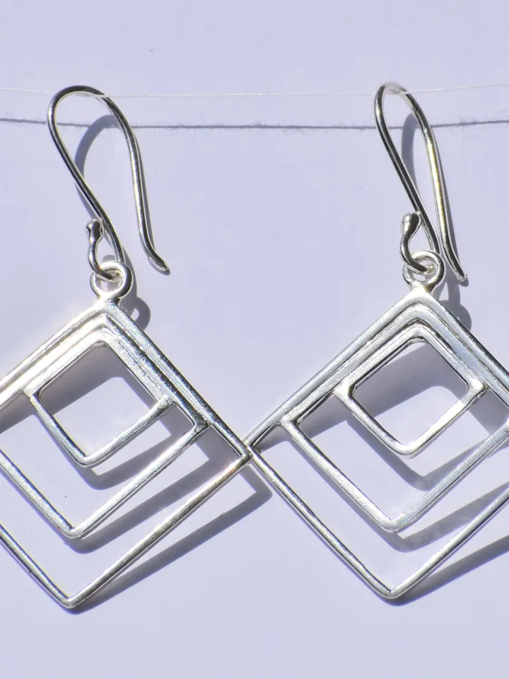 Silver Geometric Earrings, Hollow Square Earrings, Geometric Earrings, 925 Sterling Silver Earrings, Silver Dangled Earrings, Gift For Women