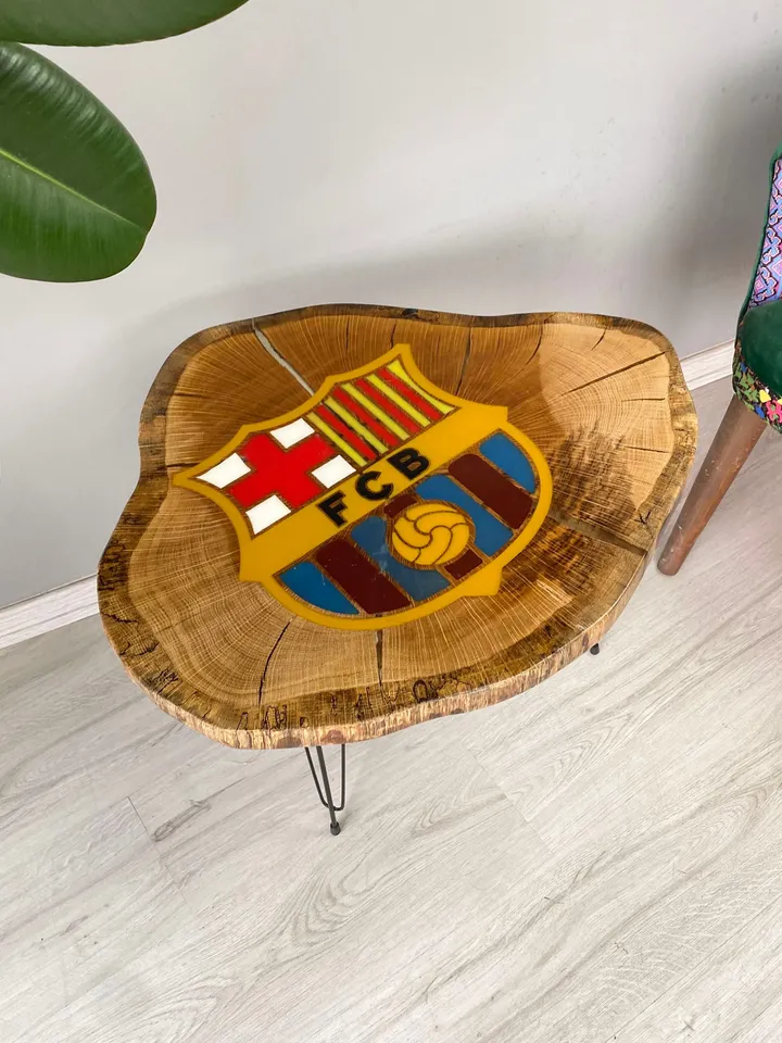 Resin FC Barcelona Oak Coffee Table, Unique Coffee Table, Live Edge Coffee Table