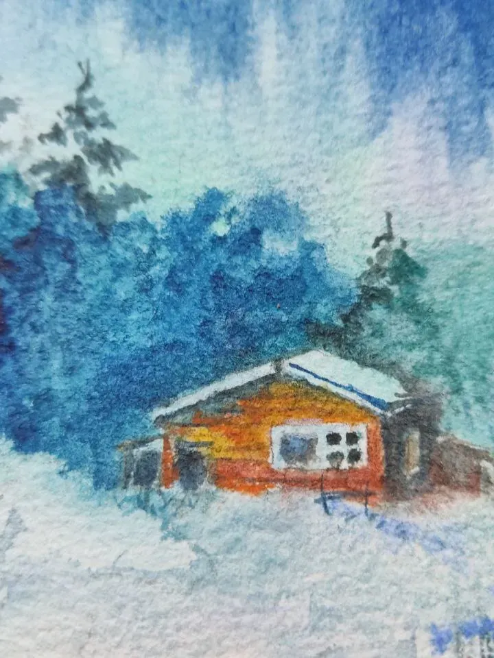 Northern lights landscape painting watercolor miniature 5 by 7.5