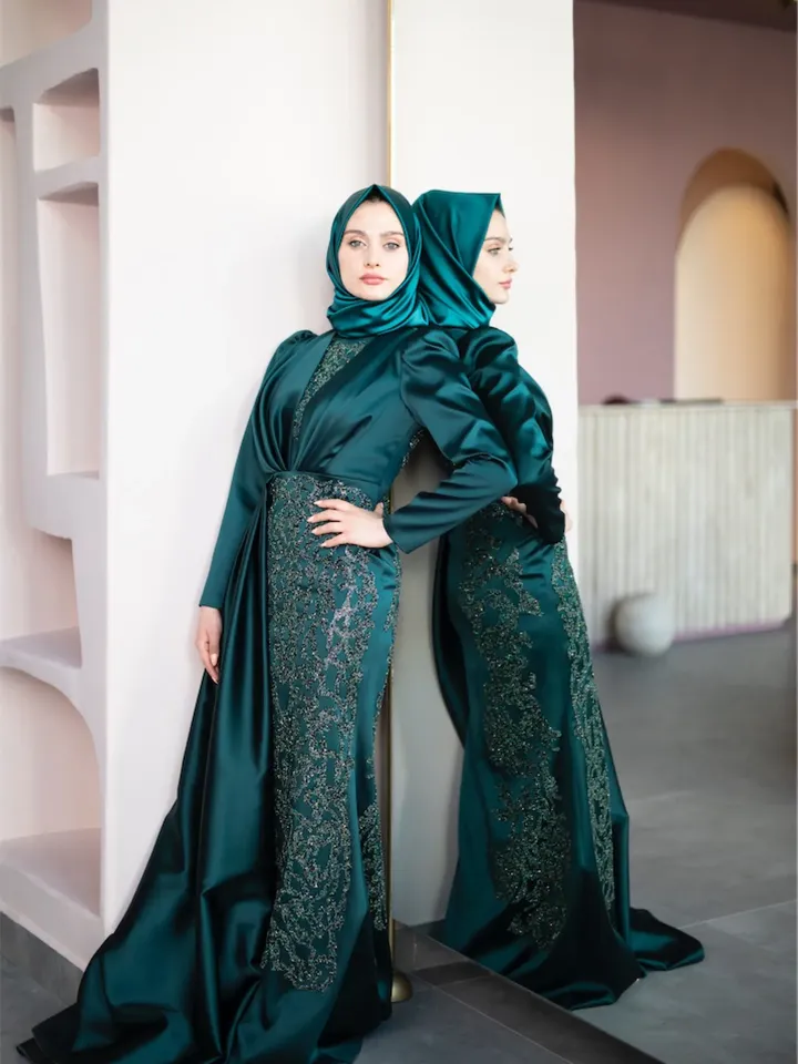 Rana Emerald Satin Ahunare Embroidered Wedding Dress, Muslim Evening Gown, Nikah, Islamic Wedding, Engagement, Bridesmaid, Maxi Dress