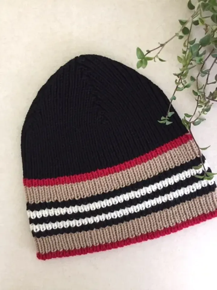 black mens hat, Striped Wool Beanie for men, hat in the style of Burberry, hat for spring, warm hat, gift, sports hat