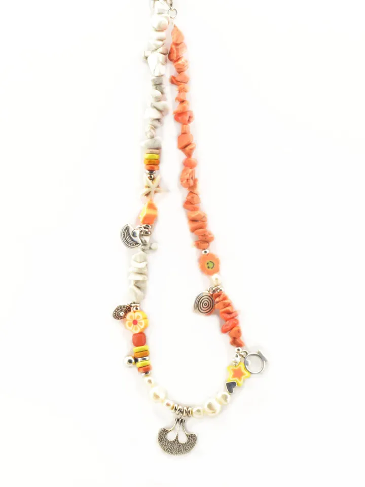 Summer Trendy Coral Necklace Beaded, Gifts for Her Colorful Statement Layering Fashion Summer Jewelry, Handmade Multiple Charms Necklace