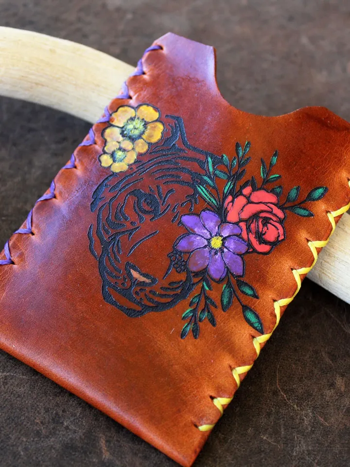 Tiger Wallet, Small Women Card Wallet, Floral Tiger, Hand Painted Leather Card Holder, Business Card Case, Personalized Wallet