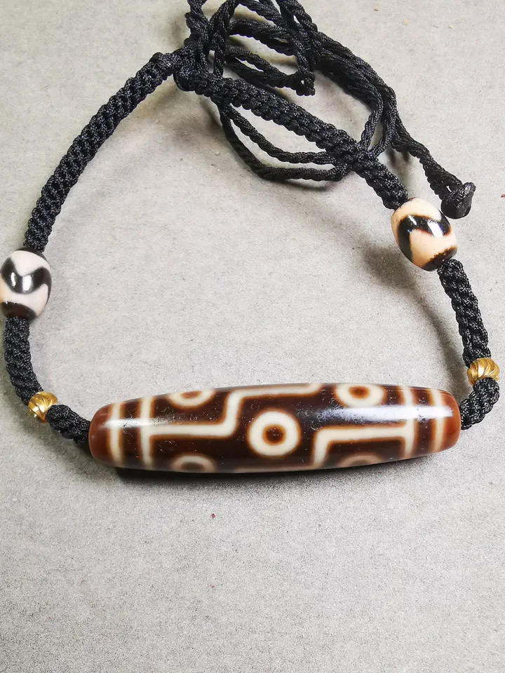 Gandhanra Antique Tibetan Dzi Bead Necklace,Nine Eyed Dzi (30 Years Old) + Tiget Tooth Bead, Attract Wealth and Good Luck