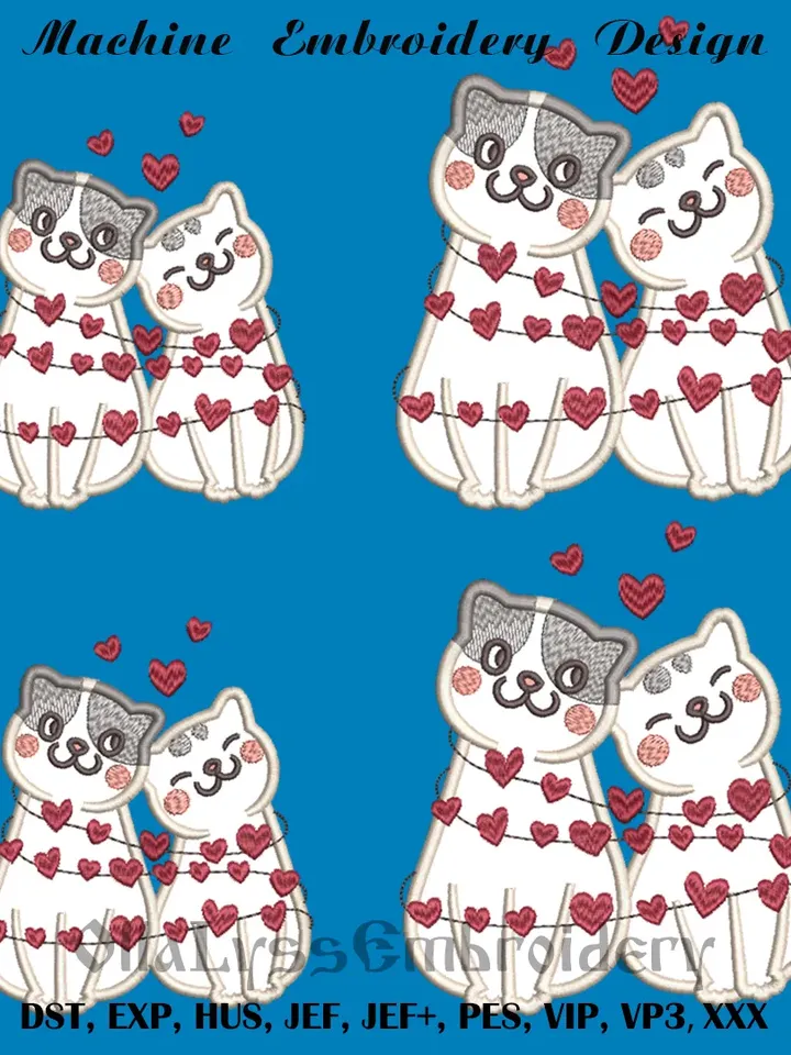 Cats in love applique machine embroidery design