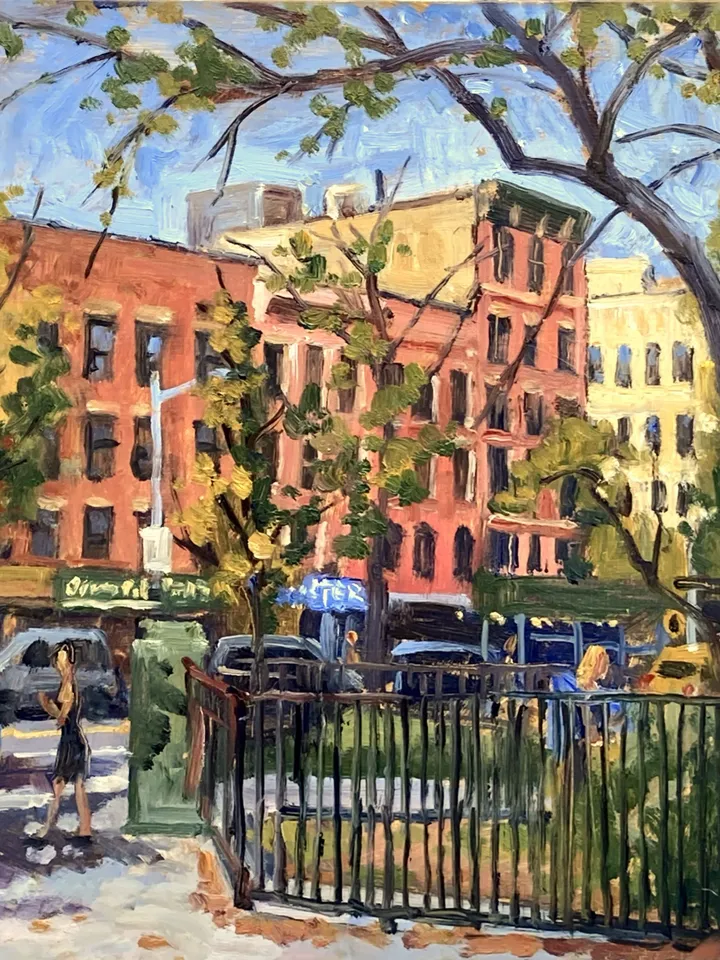 East Village Cityscape Painting - From Tompkins Square Park/NYC - 12x12 Oil on Panel, New York Impressionism, Original Fine Art