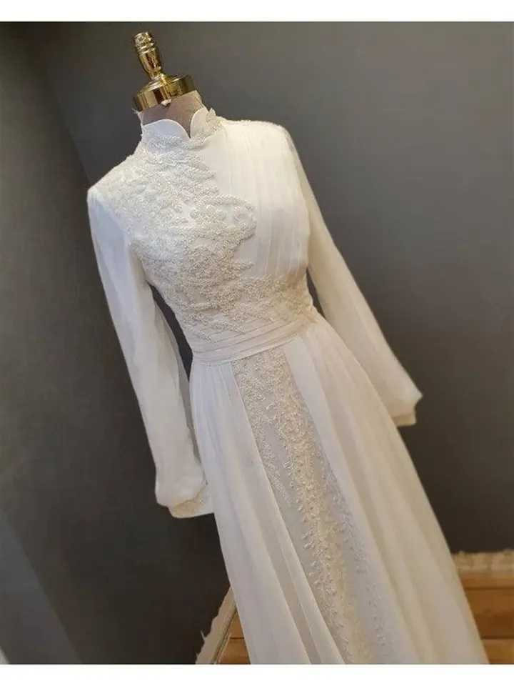 AHUNARE HIJAB - Elit White Chiffon Tailed Wedding Dress, Muslim Evening Gown, Nikah, Islamic Wedding, Engagement, Bridesmaid,