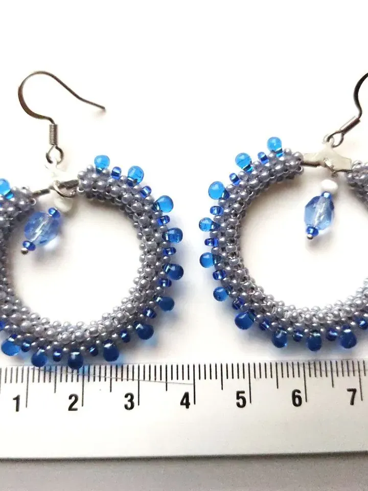 Ring earrings with blue beads drops large fashionable earrings
