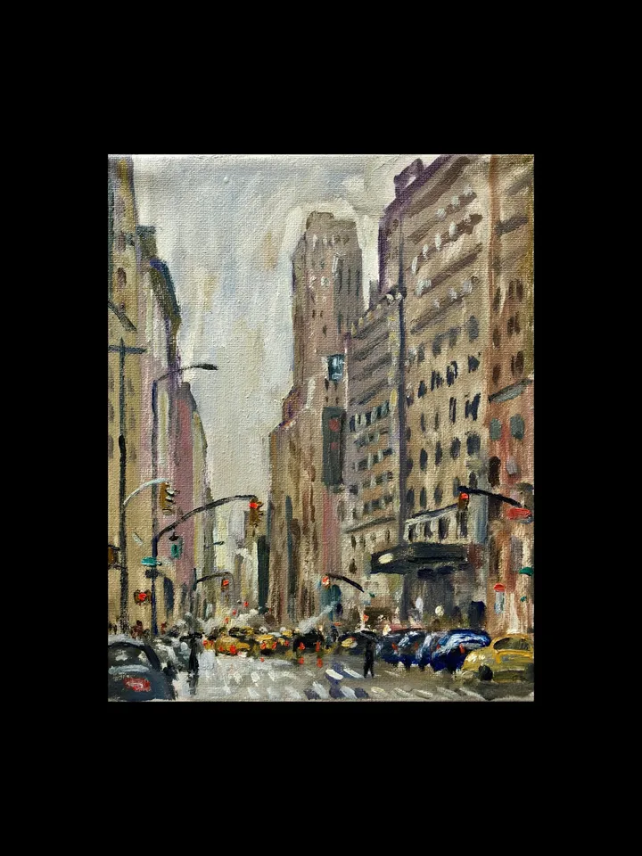 New York Cityscape Painting - Midtown Rain/7th Ave/NYC- 8x10 Oil on Canvas, Urban Impressionist Landscape, Signed Original American Fine Art