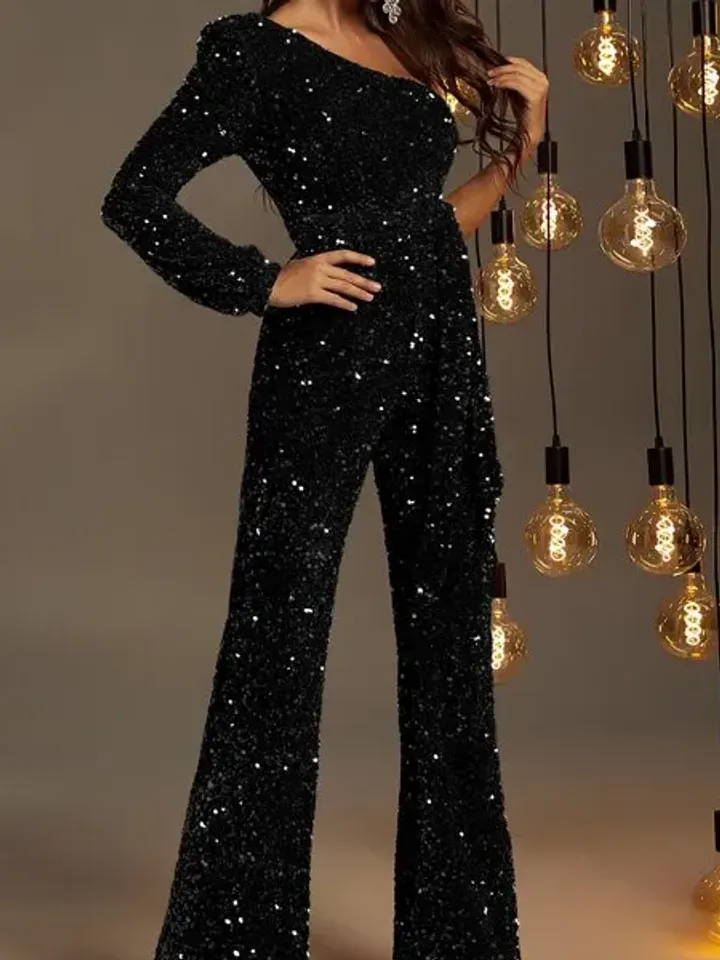 Sequin Asymmetrical Neck Bishop Sleeve One Shoulder Flare Leg Jumpsuit Wedding Party Evening Prom Cocktail Club Xmas Christmas