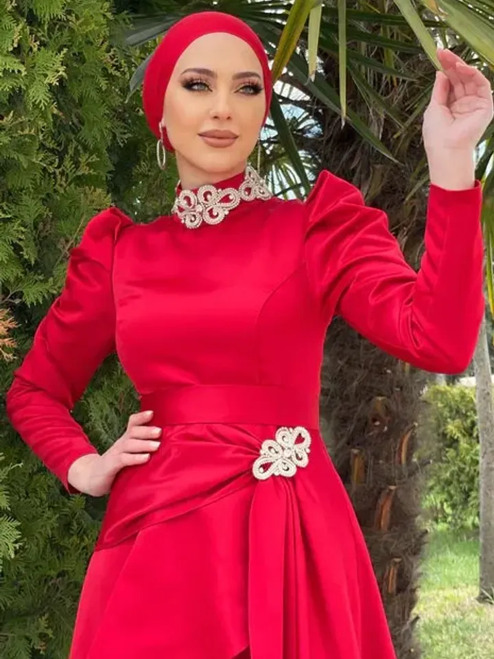 Ahsen Red Satin Tailed Embroidered Ahuanre Wedding Dress, Muslim Evening Gown, Nikah, Islamic Wedding, Engagement, Bridesmaid,