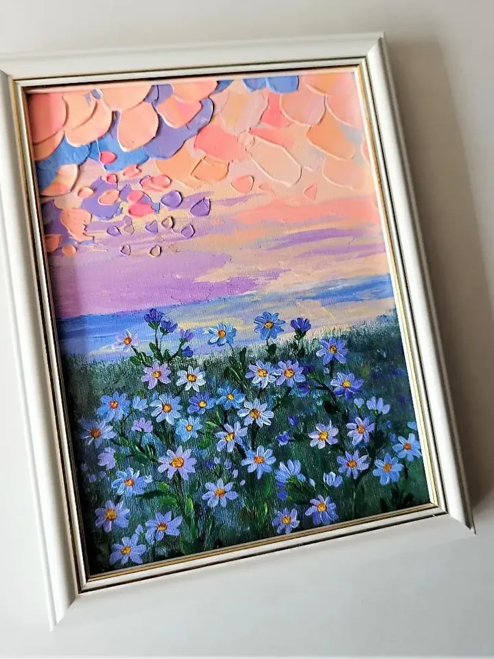 Acrylic Painting Sunset Landscape with Daisies Flower Artwork