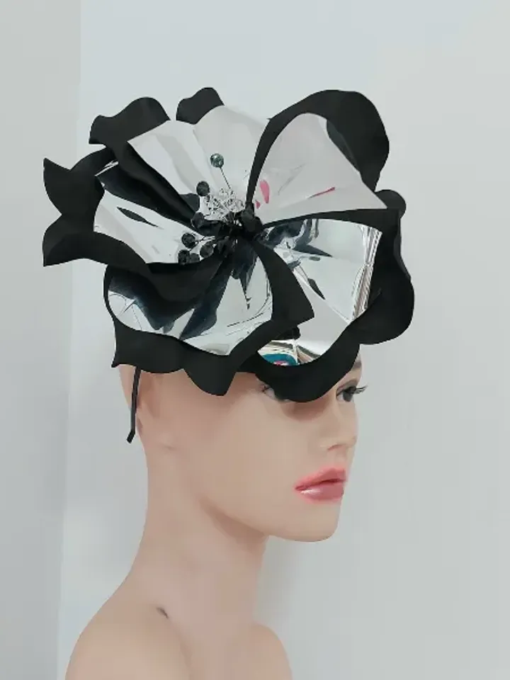 Magic black fascinator Derby hat Black petunia and mirror silver Hair clip Mysterious flower Halloween outfit gothic