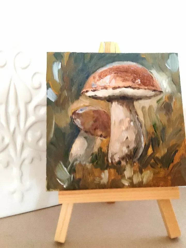 Mushrooms painting original oil art miniature framed ready to hang 4 by 4 forest artwork