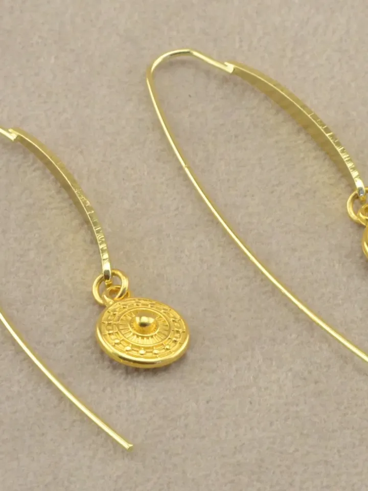 Ethnic Earrings - Drop Earrings with Tiny Ethnic Charm - Coin Earrings - Geometric Jewelry for Her - Minimalist Earrings Silver or Gold