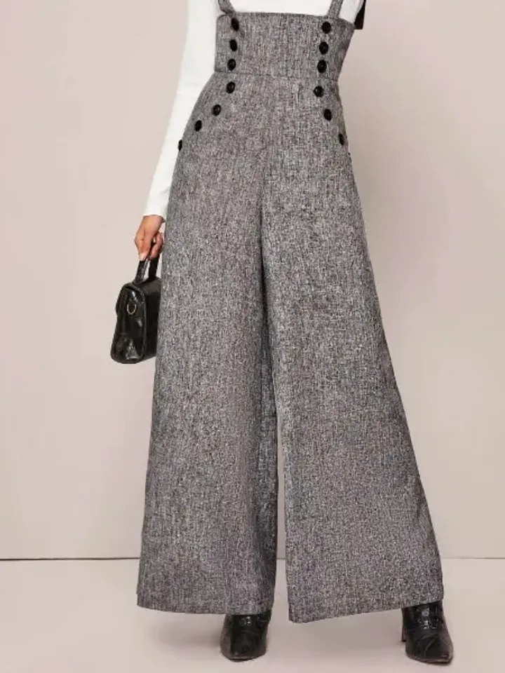 Gray Elegant Straps Double Breasted Pockets High Waist Wide Leg Suspender Jumpsuit Overall Women Ladies