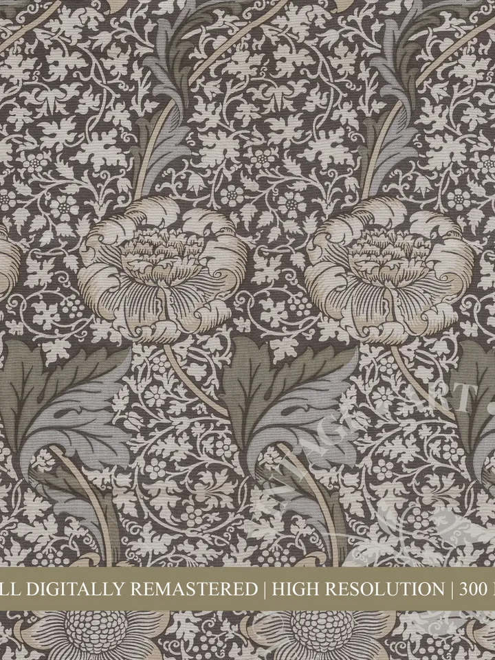 Vintage Textile Art by William Morris PRINTABLE, Muted Blue Fabric Wall Art Downloadable Home Decor | 93