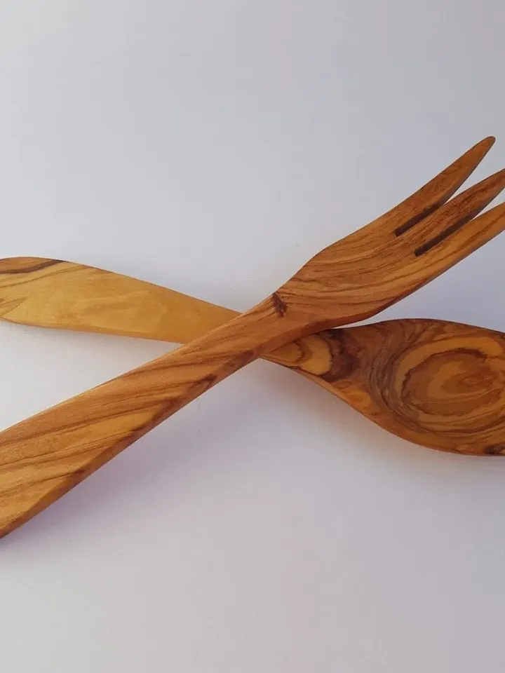 Olive Wood Curved Salad Server (Set of Spoon + Fork) - in 5 different sizes - Handmade in Albania - Cooking Tools