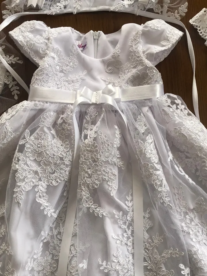 White dress with lace and sparkles, headband, bonnet, panties and shoes. Baptism outfit. Christening gown for baby girl.
