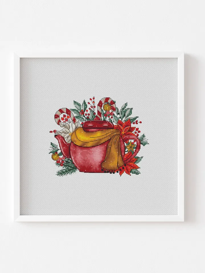 Christmas Teapot Cross Stitch Pattern, Christmas Cross Stitch Pattern, Winter Counted Cross Stitch, Christmas Embroidery Digital Pattern