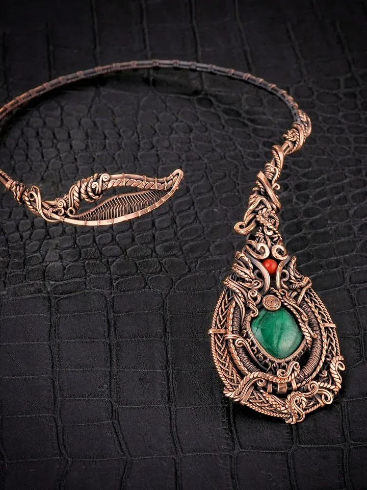 Malachite and jasper collar necklace Unique wire wrapped copper open choker for woman Artisan jewelry Wire Wrap Art