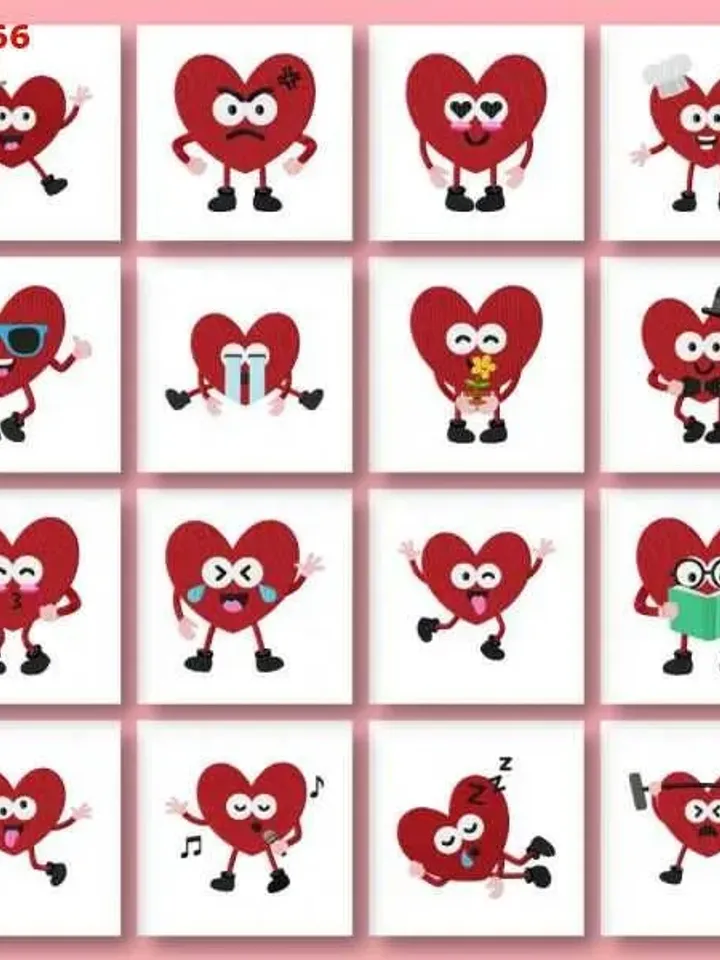 16 Cute Heart Characters Embroidery Design Pack,Instant Download,Applique Design,digital file,Love Angry Heart Gentleman Heart Silly Heart