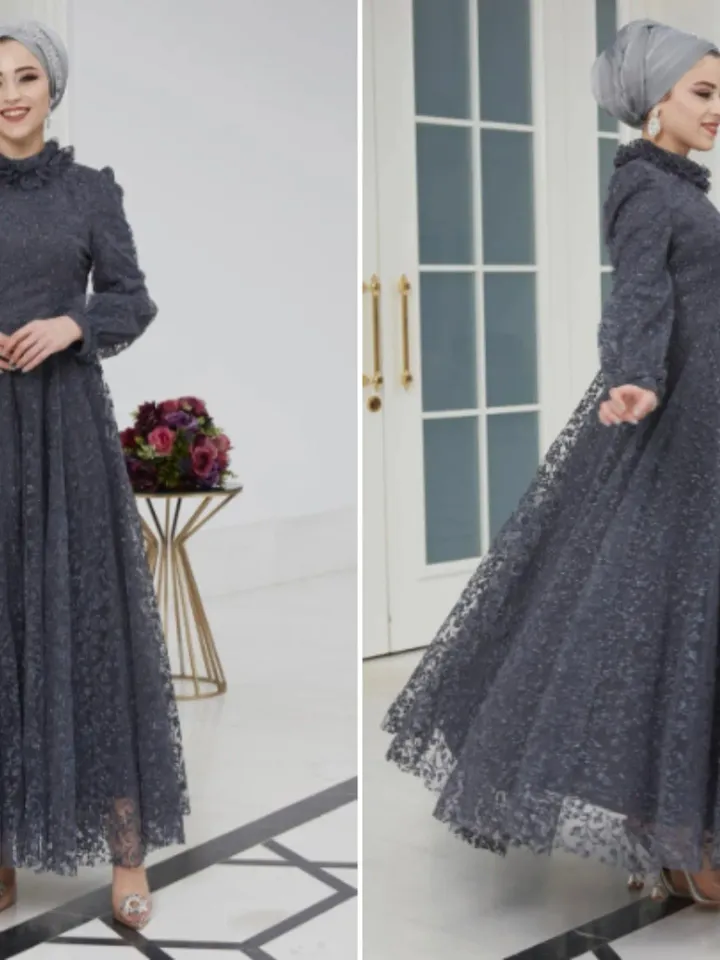 AHUNARE HIJAB - Orkide Grey Tulle Wedding Dress, Muslim Evening Gown, Nikah, Islamic Wedding, Engagement, Bridesmaid,