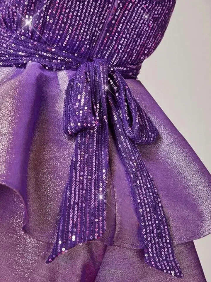 Sequin Spaghetti Strap Tiered Layered Peplum Waist Romper Jumpsuit Wedding Party Evening Prom Cocktail Women Ladies