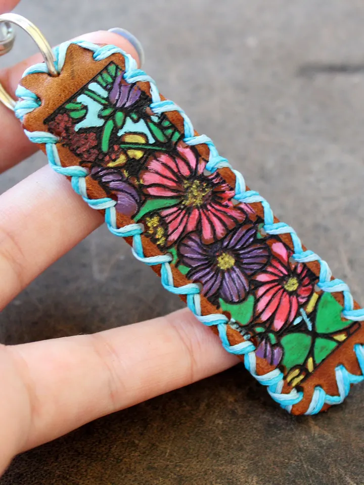 Blue Floral Keychain, Hand Painted Leather Keyfob, Hand Stitched Keyring, Small Gift, Party/Wedding Favor, Personalize/Custom Text Keychain