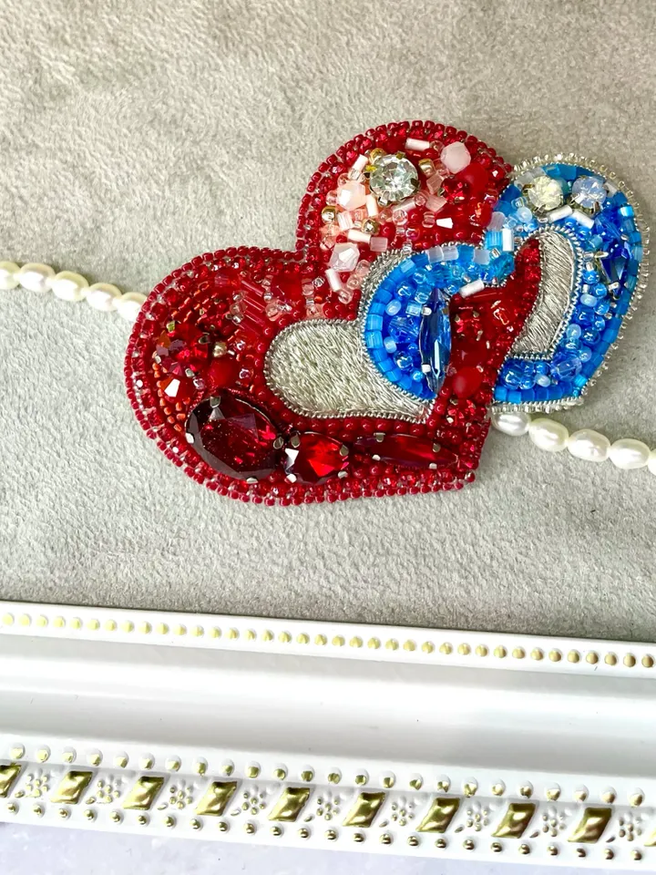 Beaded Brooch Hearts in Red and Blue Color, Handmade Embroidered Accessory, Pin Brooch, Heart Brooch