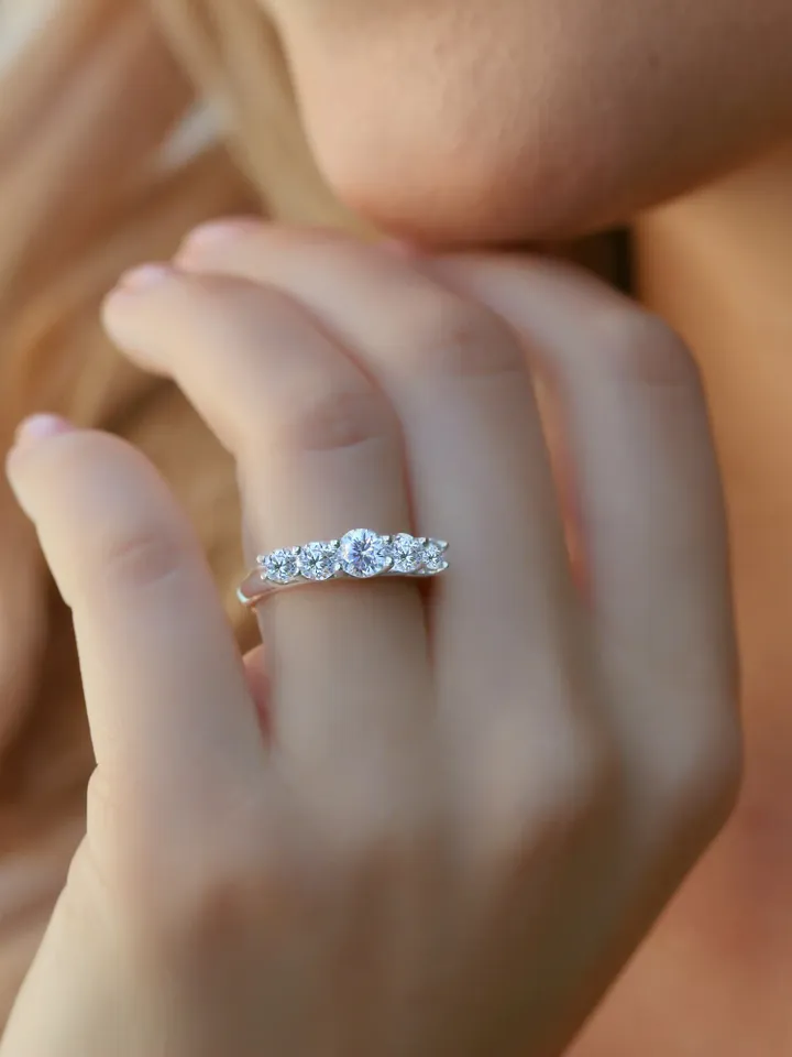 FIVE STONE RING | Round Cut Moissanite Diamond Ring | White Diamond Wedding Band | 14k Solid Gold Engagement Ring | Modern Wedding Ring