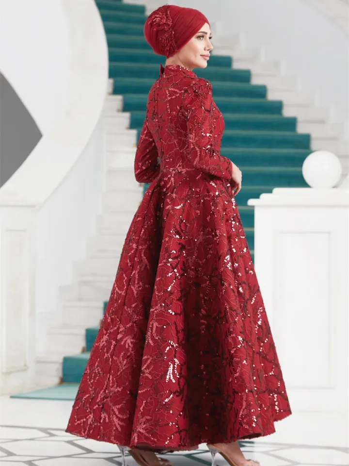 AHUNARE HIJAB - Salkım Burgundy Embroidered Wedding Dress, Muslim Evening Gown, Nikah, Islamic Wedding, Engagement, Bridesmaid,