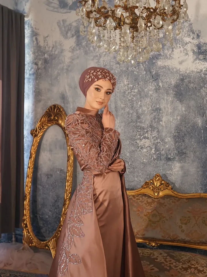 AHUNARE HIJAB - Zade  Satin Copper Peplum Wedding Dress, Muslim Evening Gown, Nikah, Islamic Wedding, Engagement, Bridesmaid,