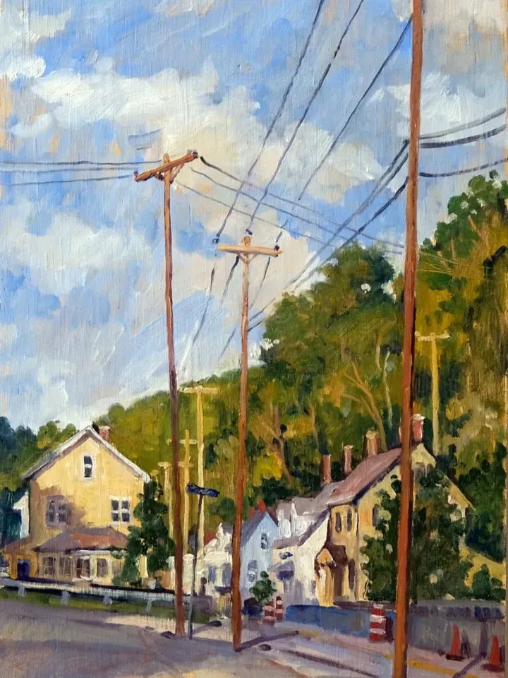 Original Landscape Painting - Houses and Poles/September - 12x24 Oil on Panel, American Impressionist Plein Air Oil, Original Fine Art