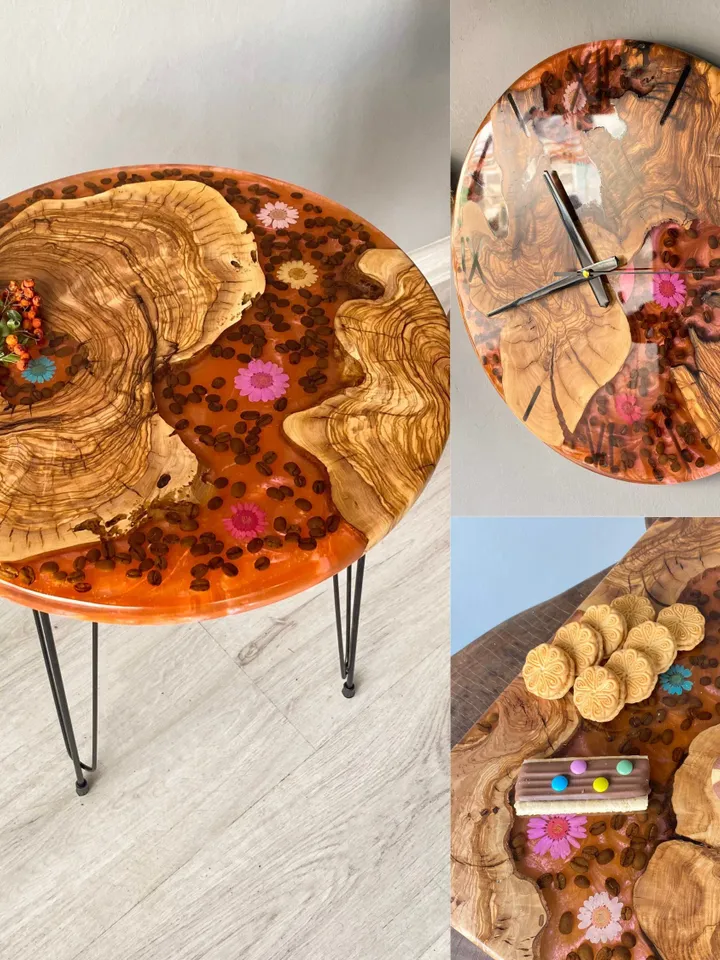 Set of 3 Epoxy Live Edge Olive Wood, Coffee Table, Wall Clock, Serving Tray, Unique Coffee Table, Farmhouse Wall Clock