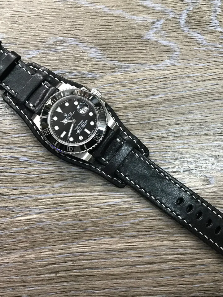 Black Leather Watch Strap 20mm, Italian Leather Watch Strap with White Stitching, Engraved Leather Watch Band 20mm, Leather Gifts for Men