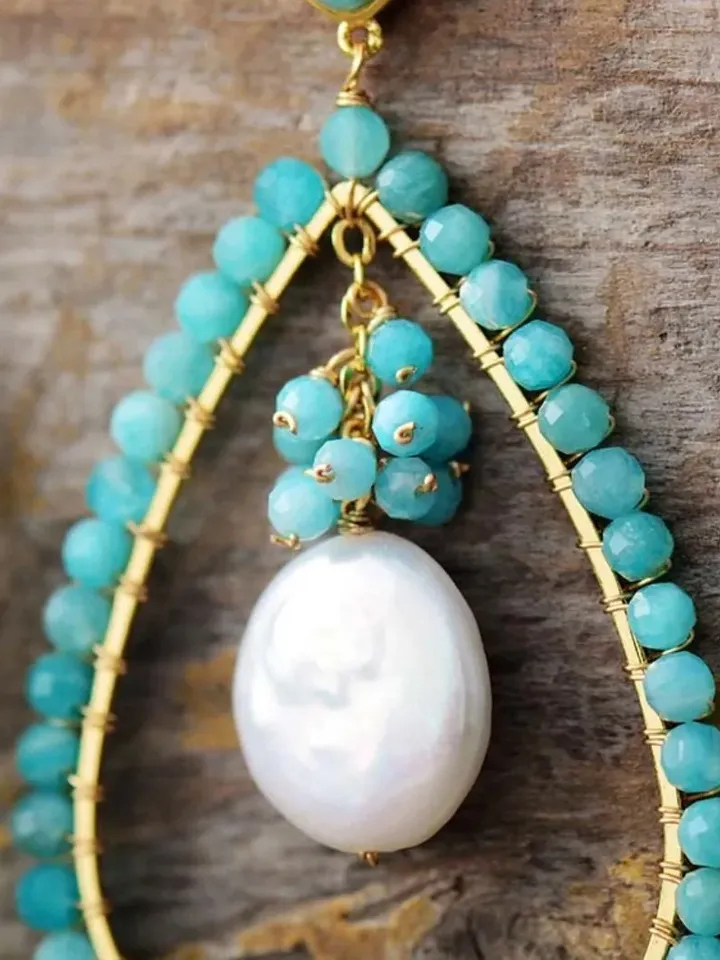 Amazonite Earrings, Amazonite Teardrop Earrings, Amazonite and Pearl Earrings, Amazonite Jewellery, Green Teardrop Gemstone Earrings, Boho