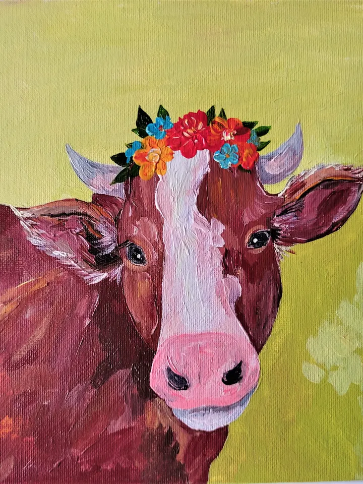 Cow painting Animal painting wall decor Cow flower crown original painting artwork Cute cow portrait impasto painting