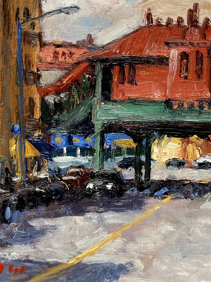 Original Bronx Cityscape Painting - 238th St Station/NYC- 8x8 Oil on Panel, Urban Plein Air New York Impressionism, Signed Original Fine Art