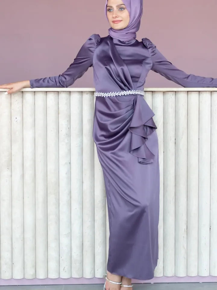 AHUNARE HIJAB - Buket Dress, Satin Dress, Lilac Color, Muslim Evening Dress, Nikah, Wedding, Engagement, Bridesmaid, ,