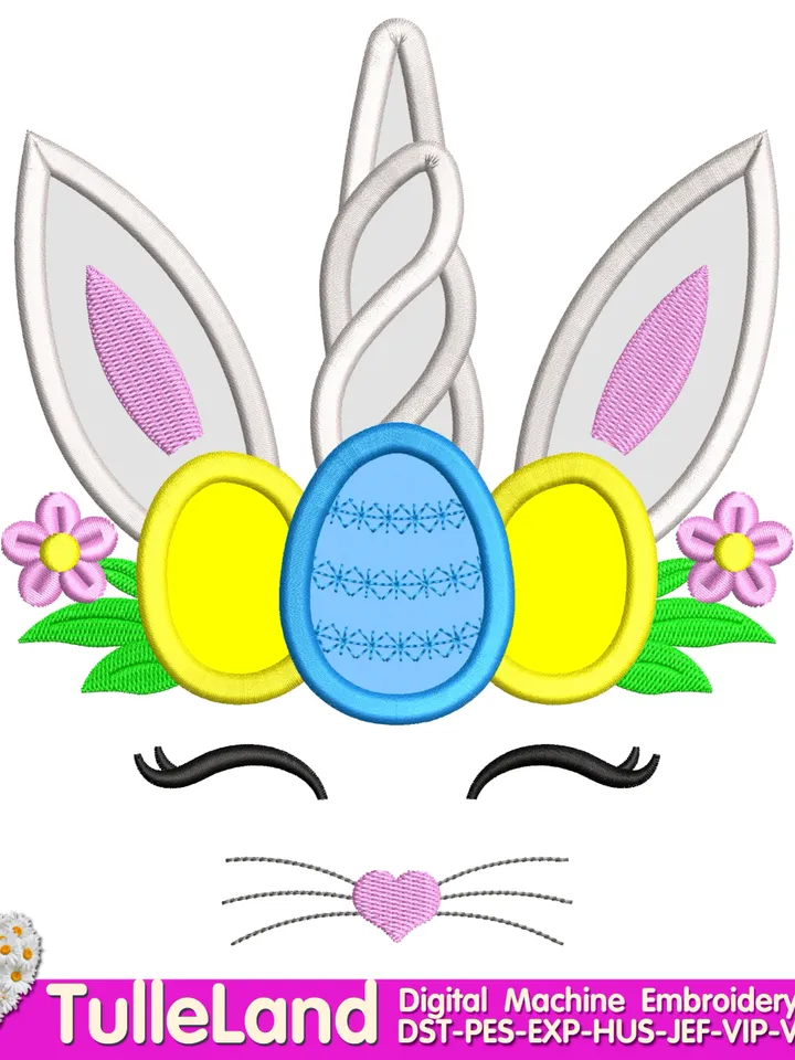 Easter Bunny Unicorn Rabbit Egg Spring Flowers Petunia Petals Girl Easter Design applique for Machine Embroidery