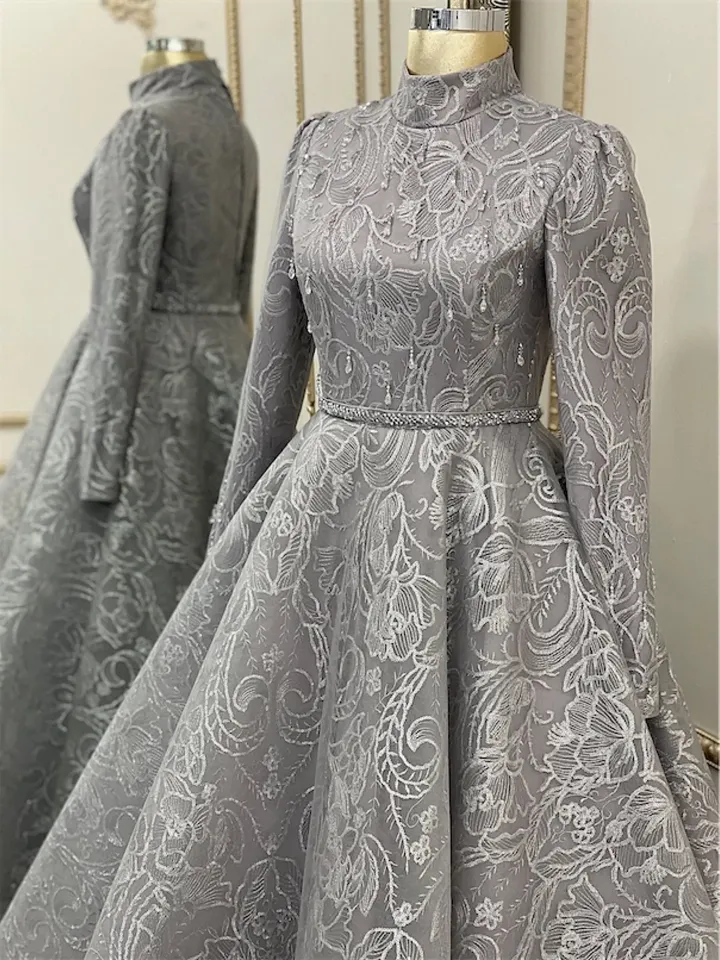 AHUNARE HIJAB - Burç Grey Lace Embroidered Wedding Dress, Muslim Evening Gown, Nikah, Islamic Wedding, Engagement, Bridesmaid,