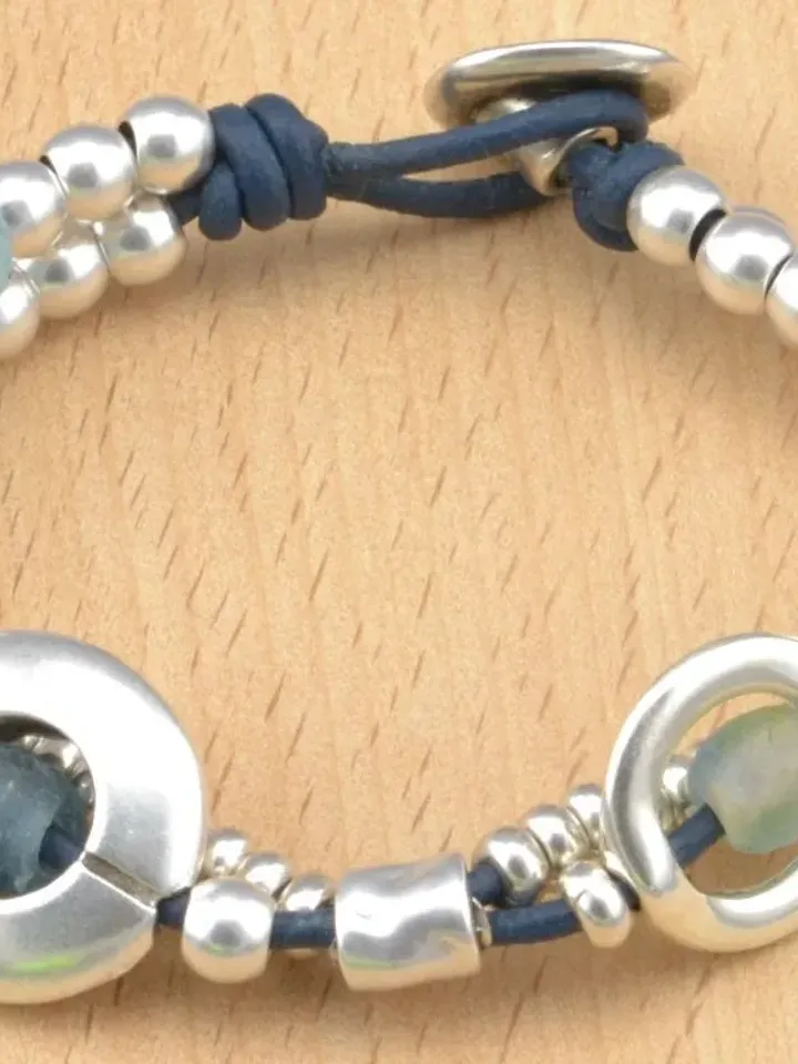 Recycled Ocean Blue Sea Glass Barcelet, Antique Silver Chunky Beaded Bracelet for Women, Bohemian Ethnic Tribal Jewelry, Gifts For Her